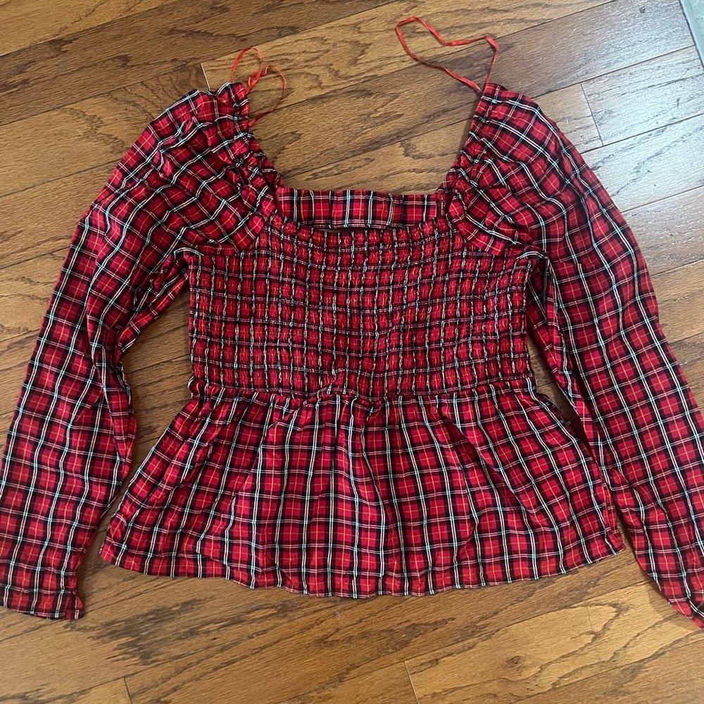 Old Navy Red Plaid Smocked Blouse
